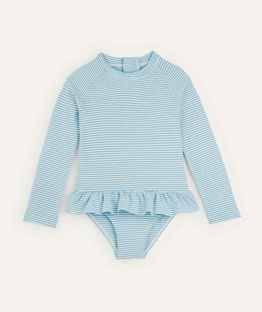 Seersucker Long Sleeve Swimsuit: Soft Blue Stripe